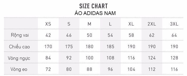 bảng đo size quần áo thể thao Adidas nam