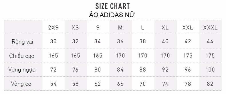 bảng đo size quần áo thể thao Adidas nữ