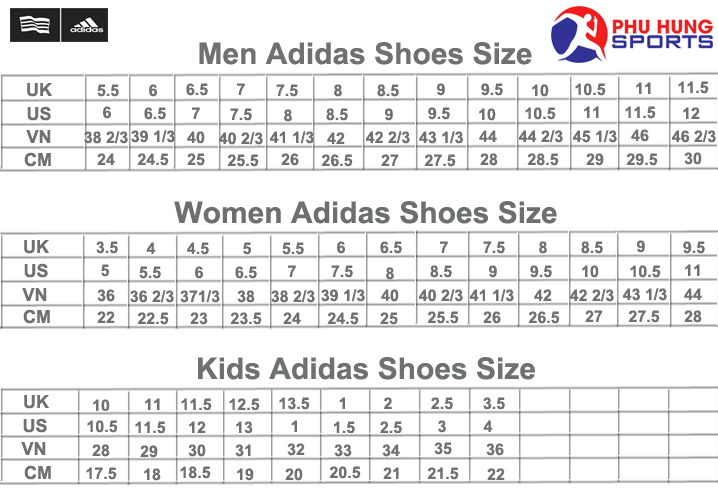 Bảng quy đổi size giày adidas