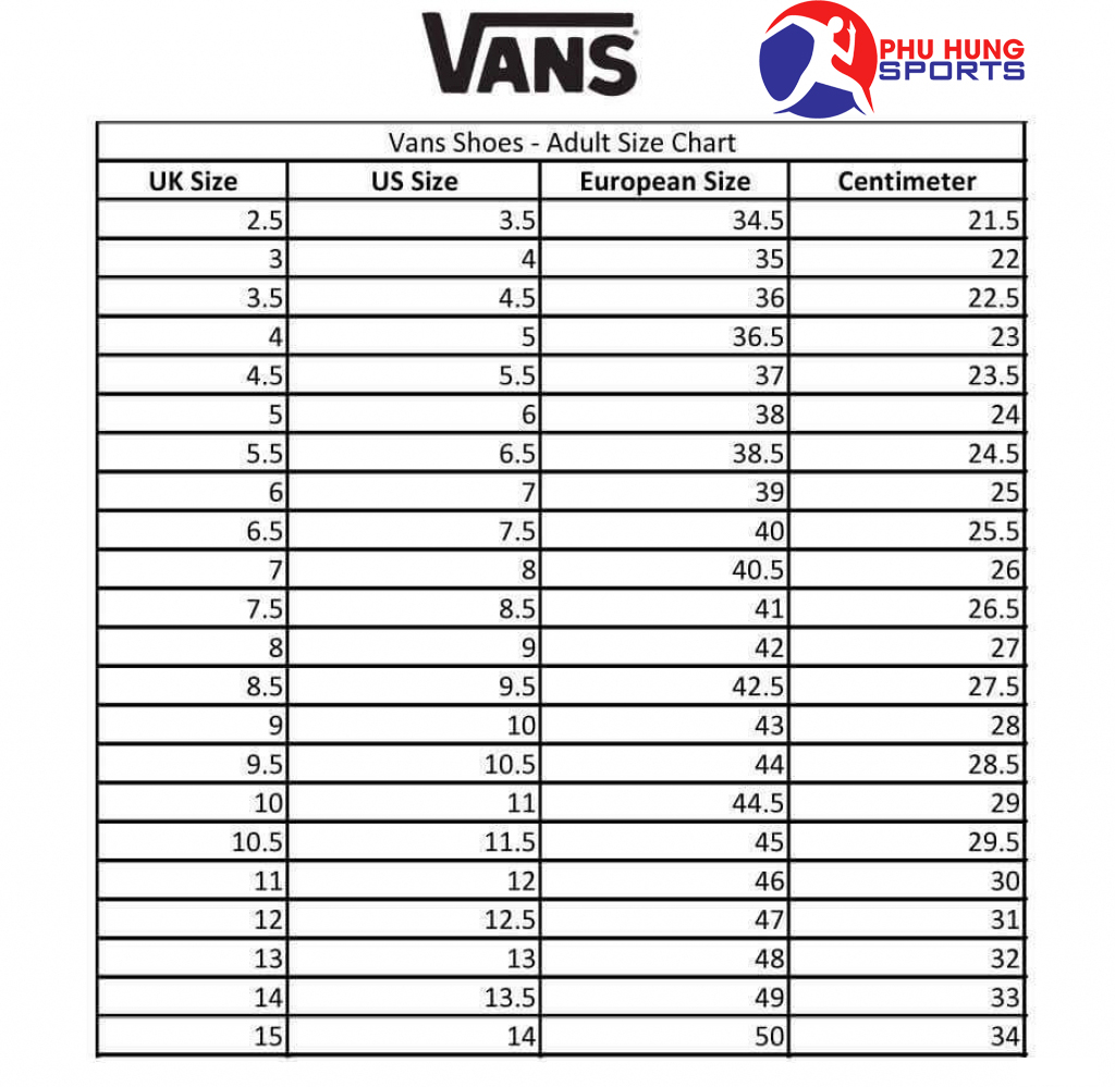 bảng đo size giày thể thao Vans